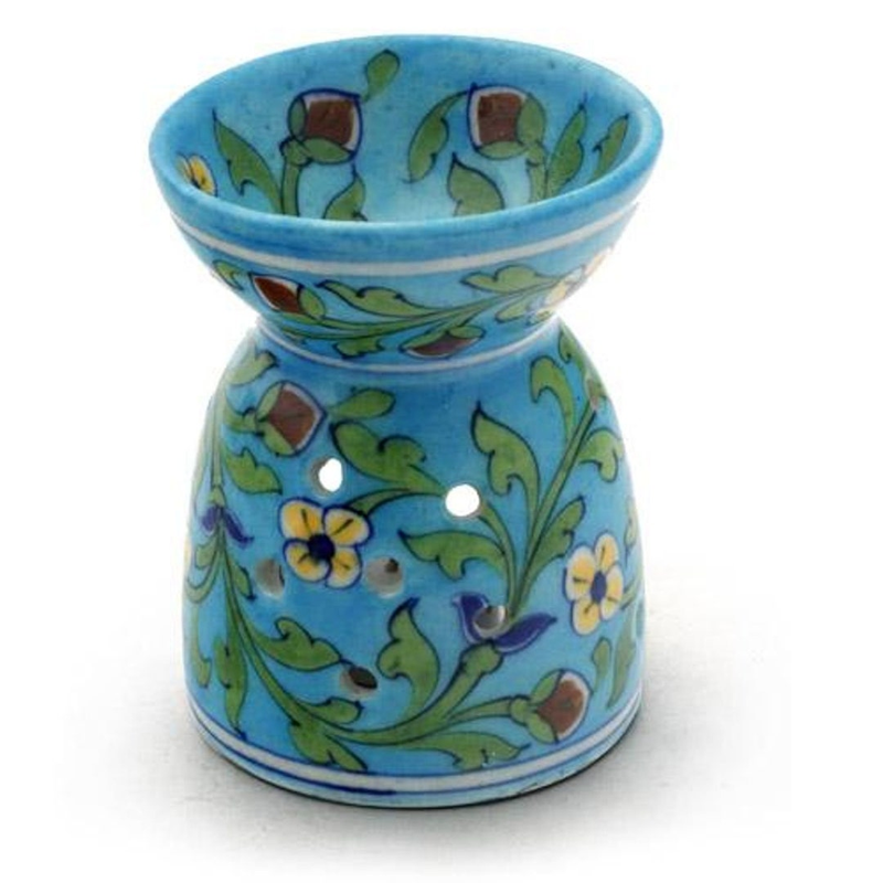 Yellow flowers and green leaves on turquoise base ceramic blue pottery oil diffuser